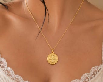 Gold Coin Cross  Charm Necklace Saint Crosses Pendant Womens Unisex Layering Coins Chain