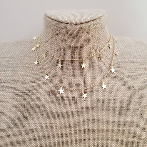Gold Stars Layering Double Layer Choker Chain Silver, Gunmetal, Gold Trendy Chokers