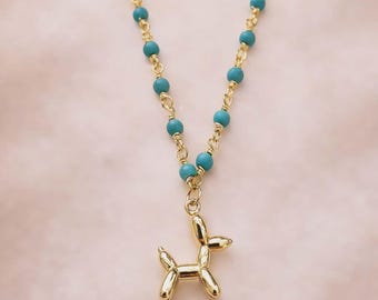 Balloon Birthday Dog Gold Charm Pendant Necklace Turquoise Stone Girls Gift