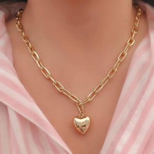 Puffed Heart Pendant Chain Necklace Paperclip Thick Linked Puffed Bubble Hearts