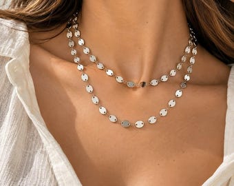 Handmade Silver Coin Disc Necklace: Double Layer 18K Chain