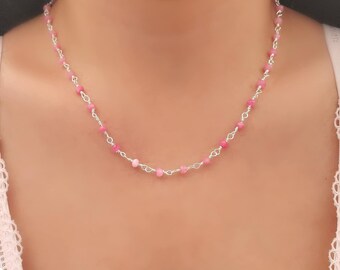 Pink Rosary Stone Beaded Chain Necklace Choker Chain Hotpink Semi Precious Stones