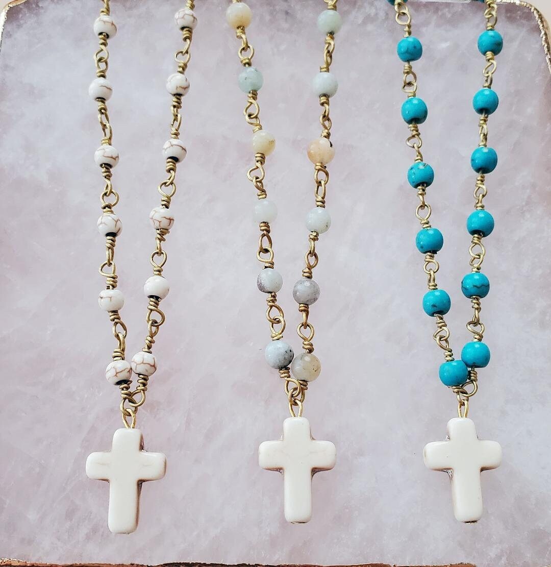 Amazonite & Howlite Rosary Cross Necklace: Pastel Stone Beaded Silver ...