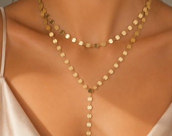 Gold Circle Chain Lariat Layering Double Layer Dainty Linked Disc