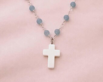 Tiny Cross Charm Necklace Light Blue Pastel Girls Faith Inspirational Beaded Jewelry