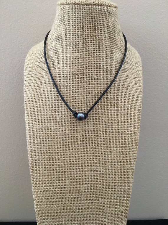 Unisex Black Pearl Necklace Leather Cord Handmade Knotted Gift Etsy