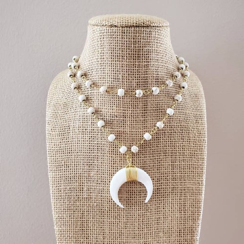White Double Horn Necklace Choker Brown Beaded Gold Chain 