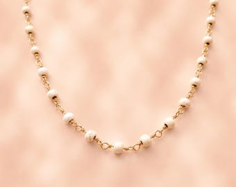 White Bead Choker: 18K Gold Rosary Chain, Natural Stone