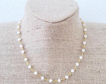 White Bead Choker: 18K Gold Rosary Chain, Natural Stone