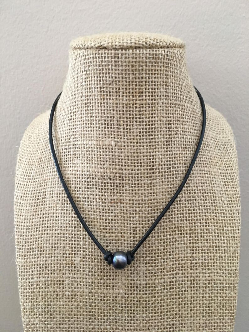 Black Pearl Leather Necklace Choker Knotted Handmade Vsco Girl 