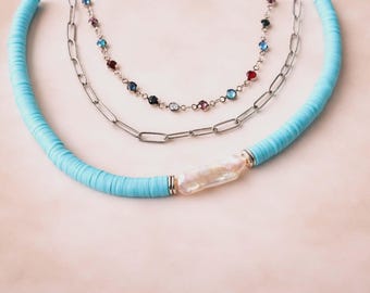 Pearl Stick Polymer Clay Beads Necklace Layering Beach  Chokers Crystal Bezel Paperclip Links