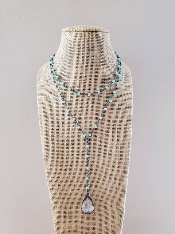 Glass Drop Charm Layering Beaded Rosary Chain Lariat Etsy