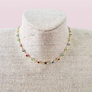 Sarah Cameron Rainbow Crystal Necklace Choker Beaded Stones Bezel Gold Plated OBX 3