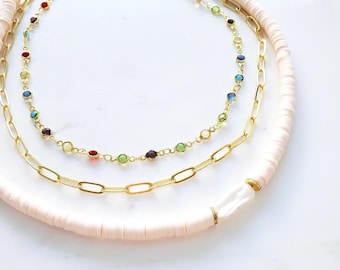 White Pearl Charm Beach Choker Polymer Clay Paperclip Chain Inspired Jewelry Choker SET OBX3