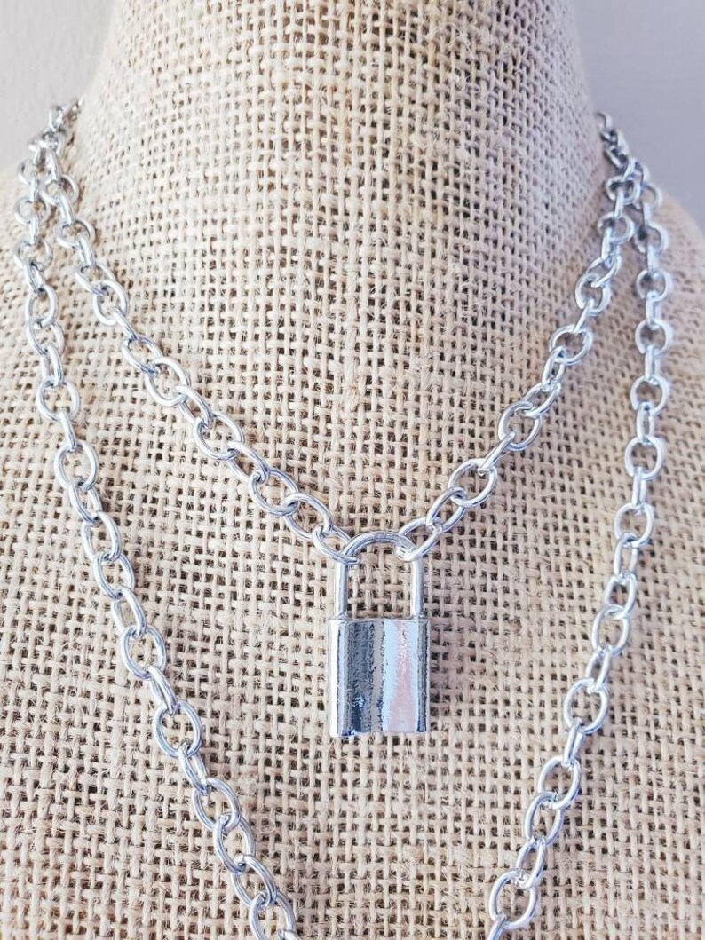 Padlock Charm Necklace Silver Chain Choker Layering Two Locks Style