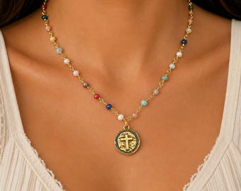 Cross Coin Saint Pendant Charm Necklace Rainbow Gem Stone Beaded Colorful