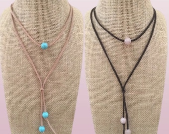 Boho Chic Leather Suede and Stone Beads Choker Lariat Necklace Cowgirl Farmgirl Country