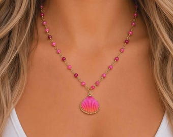 Pink Seashell Clam Pendant Necklace Pink Beaded Rosary Gemstone Coastal Cowgirl