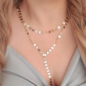 Gold Coin Circle Bead Lariat Necklace Double Layer Metallic Sparkle Night Out