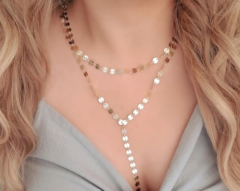 Gold Coin Circle Bead Lariat Necklace Double Layer Metallic Sparkle Night Out