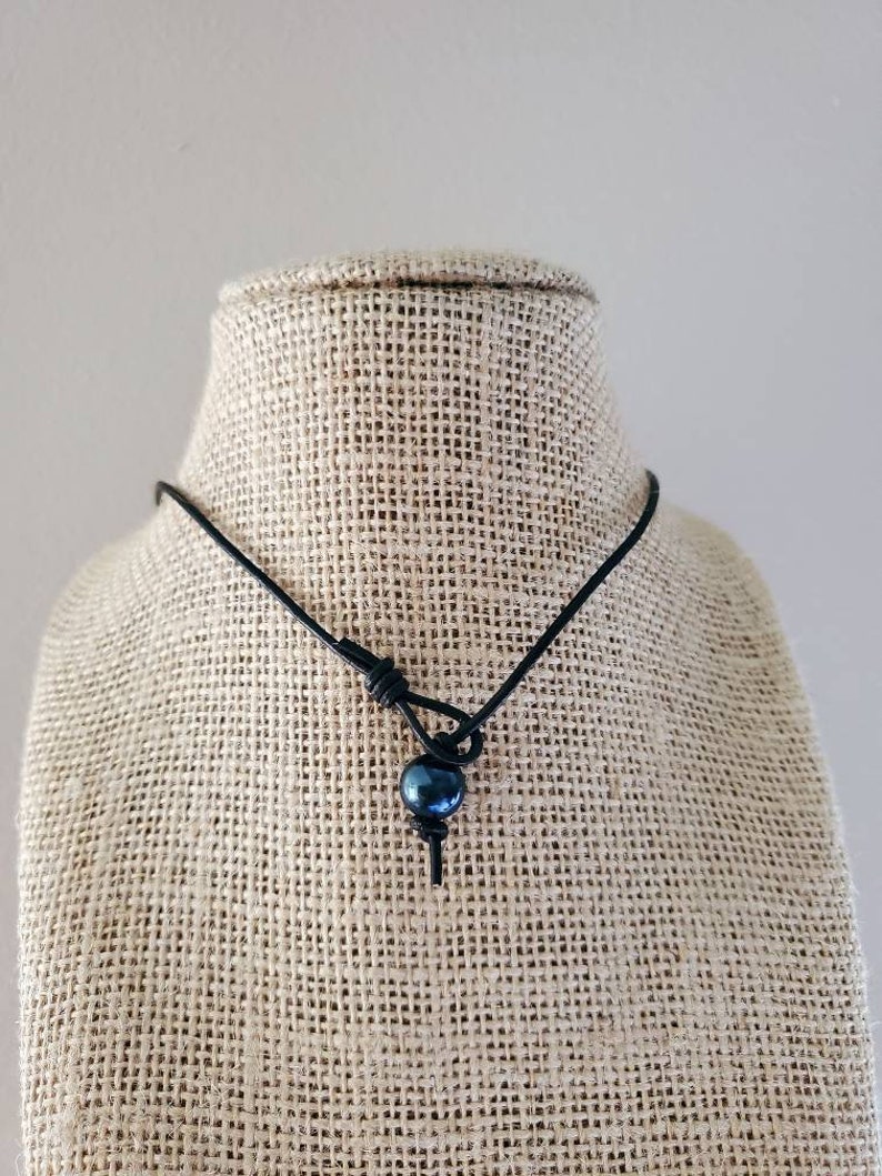 Black Freshwater Pearl Leather Necklace Dark Brown Knotted Gift For Her