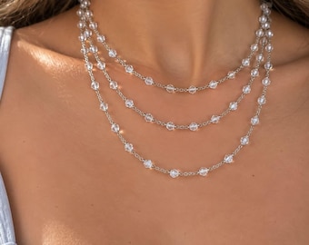 Tiny Rosary Crystal Chain Necklace: Three-Layer Bead Necklace