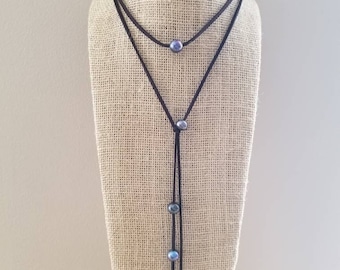 Black Pearl Suede Long Lariat Necklace Choker Leather and Pearl