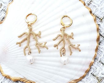Gold Coral Reef Hoop Earrings Dangle White Pearl Textured Coastal Wedding