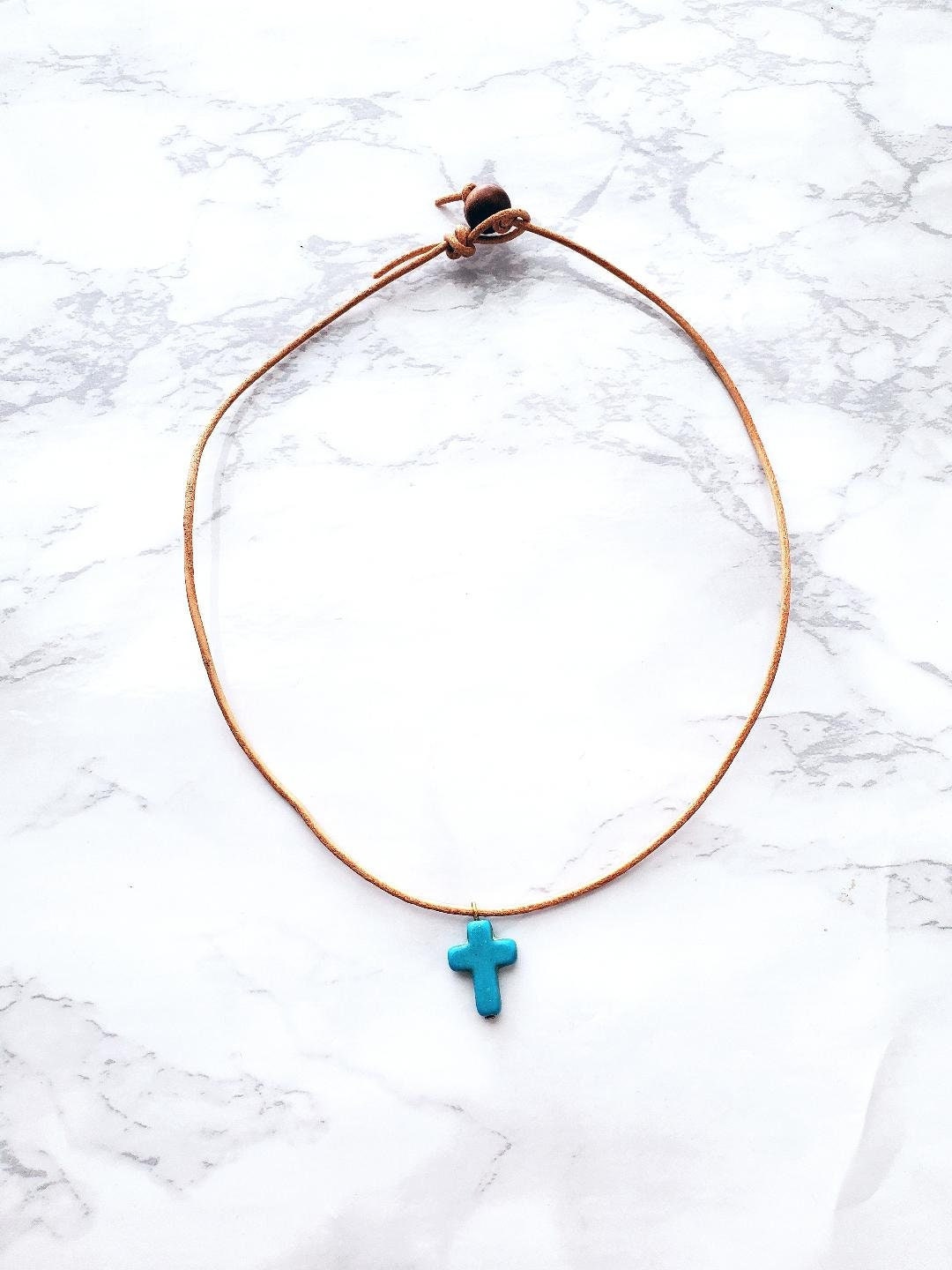 Small Cross Leather Necklace Stone Faith Crosses Handmade Cord Brown