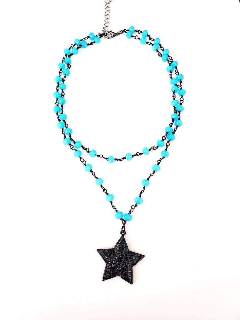 Blue Crystal Beaded Chain Necklace Black Diamond Star Gift For Her