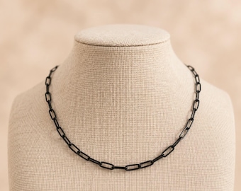 Black Links Choker Chain Necklace Edgy Gunmetal Rocker Chic Paper Clip Modern Trendy