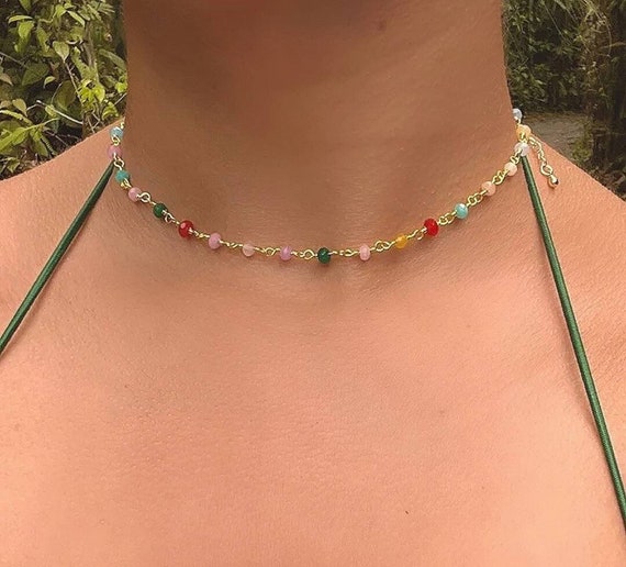 Small Tiny Gemstone Rainbow Beads Multi Color Rosary Chain Choker Necklace Gold Trendy Etsy