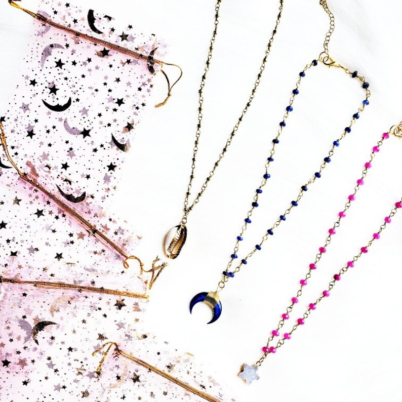 Blue Crystal Beaded Chain Necklace Black Diamond Star Gift For Her