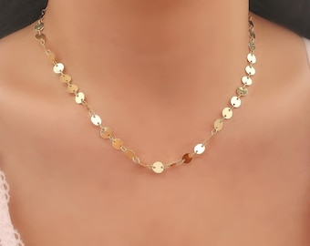 Gold Plated Circle Coin Necklace - Dainty Layer Chain