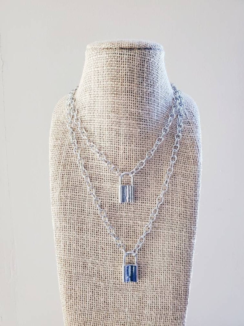 Padlock Charm Necklace Silver Chain Choker Layering Two Locks Style