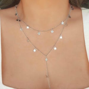 Silver Layering Wrap Necklace Dangle Star Chain Choker Lariat Dainty Celestial