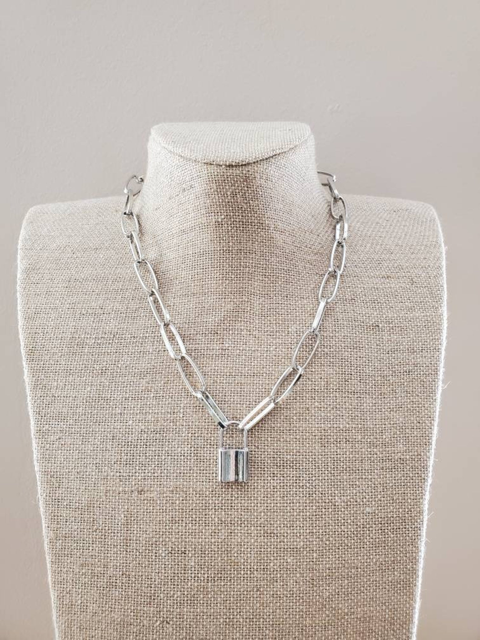 Silver Paperclip Link Padlock Charm Necklace Stainless Steel Etsy