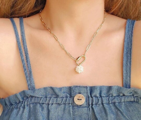 Charm Necklace, Link Chain Necklace, Pearl Necklace,paperclip