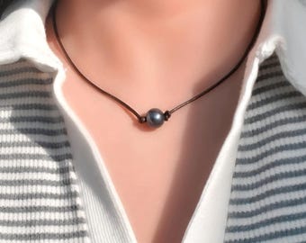 Black Pearl Freshwater Necklace Choker Knotted Leather Beach Gift For Her