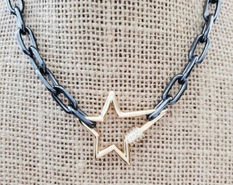 Star Lock Zircon Pendant Paperclip Chain Thick Metallic Rocker Chic