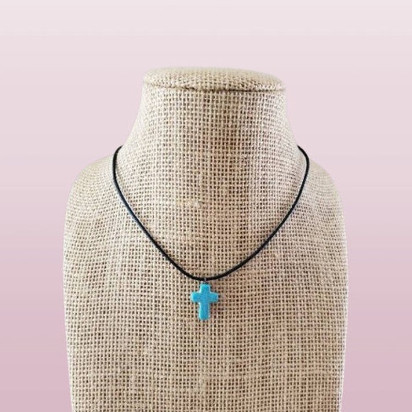Turquoise Cross Black Leather Necklace Choker Necklace