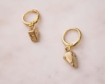 Gold Cheese Block Hoop Earrings Small Food Charm Hoops Swiss Cheddar