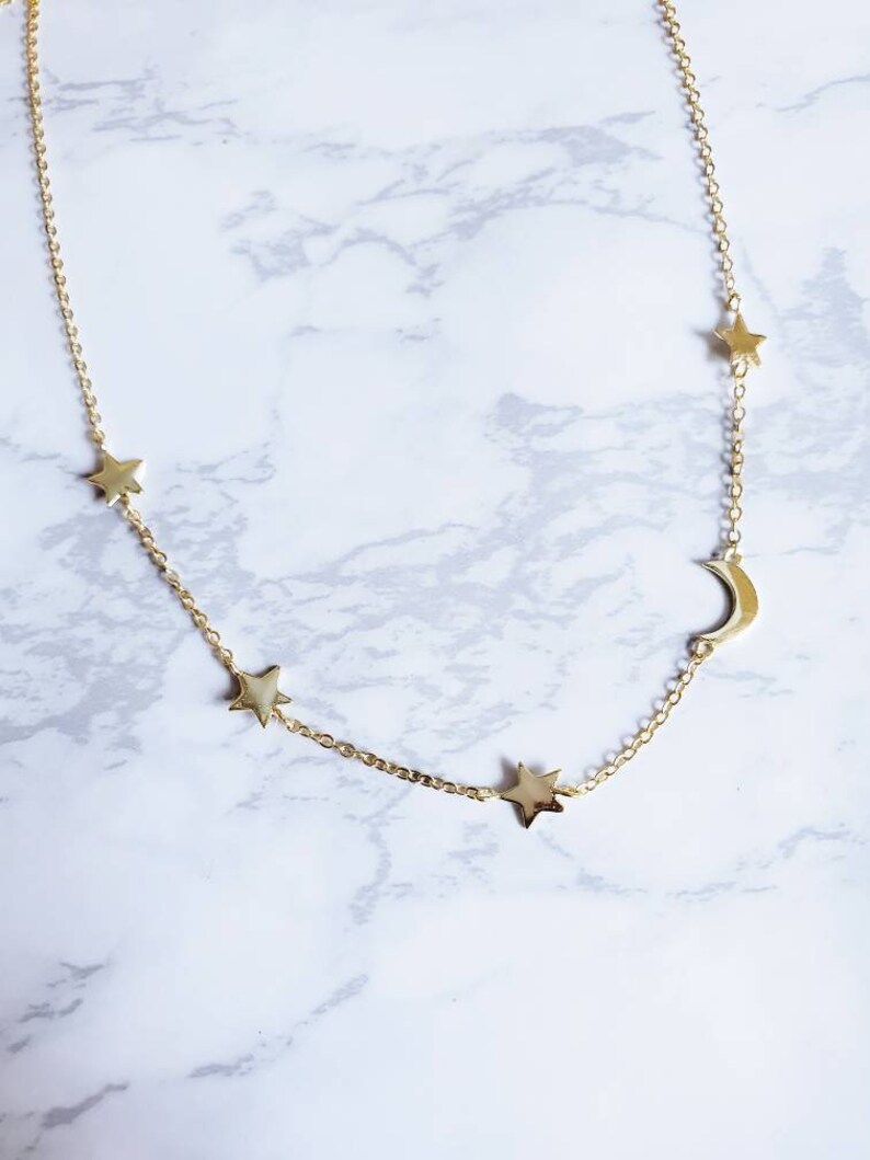 Layering Gold Moon and Star Charm Necklace Sterling Silver Chain