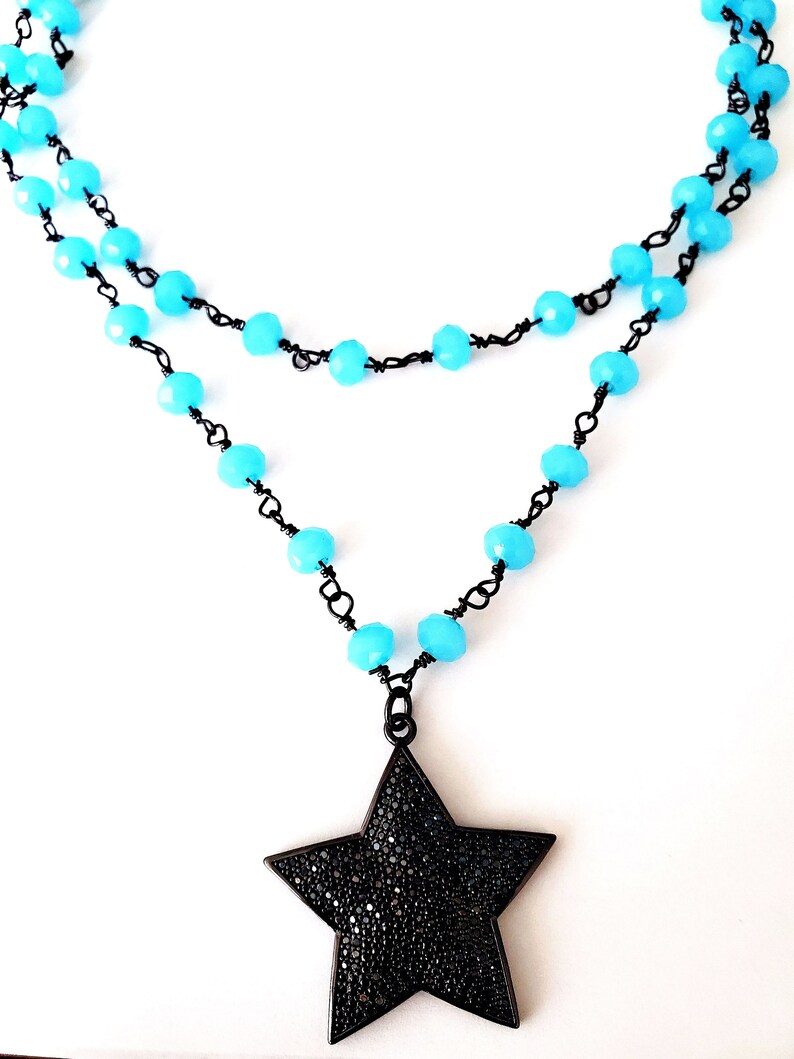 Blue Crystal Beaded Chain Necklace Black Diamond Star Gift For Her