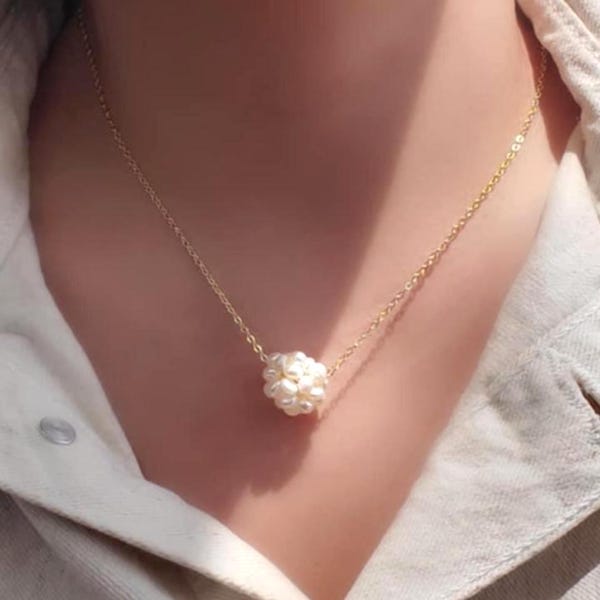 Freshwater Pearl Ball Necklace: Sterling Silver Chain, Hypoallergenic