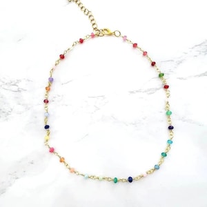 Rainbow Bead Choker Necklace: Gold Plated Natural Stone