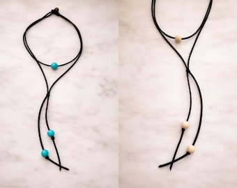 Leather Stone Suede Double Layer Wrap Lariat Necklace Southern Western Boho Chic