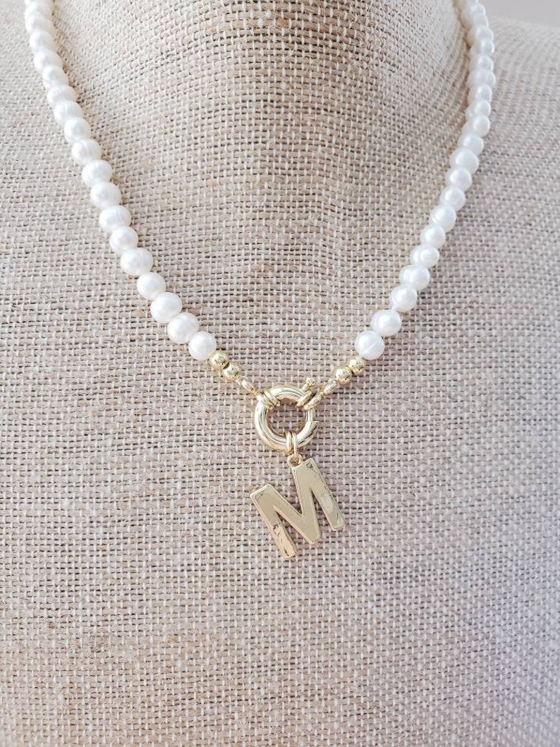 Pearls Initial Custom Letter Necklace Strand Gold Plated Charm Etsy