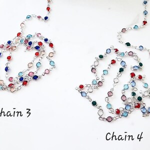 May include: Two silver-toned metal chains featuring round, multi-colored faceted stones set in individual bezels. The left chain is labeled Chain 3, and the right chain is labeled Chain 4. The stones include shades of red, blue, pink, and green.