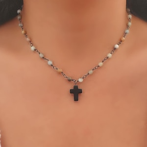 Amazonite Green Blue Stone Rosary Choker Chain Necklace Black Cross Faith For Her